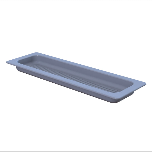 A rectangular, light gray plastic tray with rounded edges, a flat rim, and shallow depth. The interior bottom surface has parallel ridges running lengthwise, similar to a Grill Pan. This tray is dishwasher safe for easy cleaning.