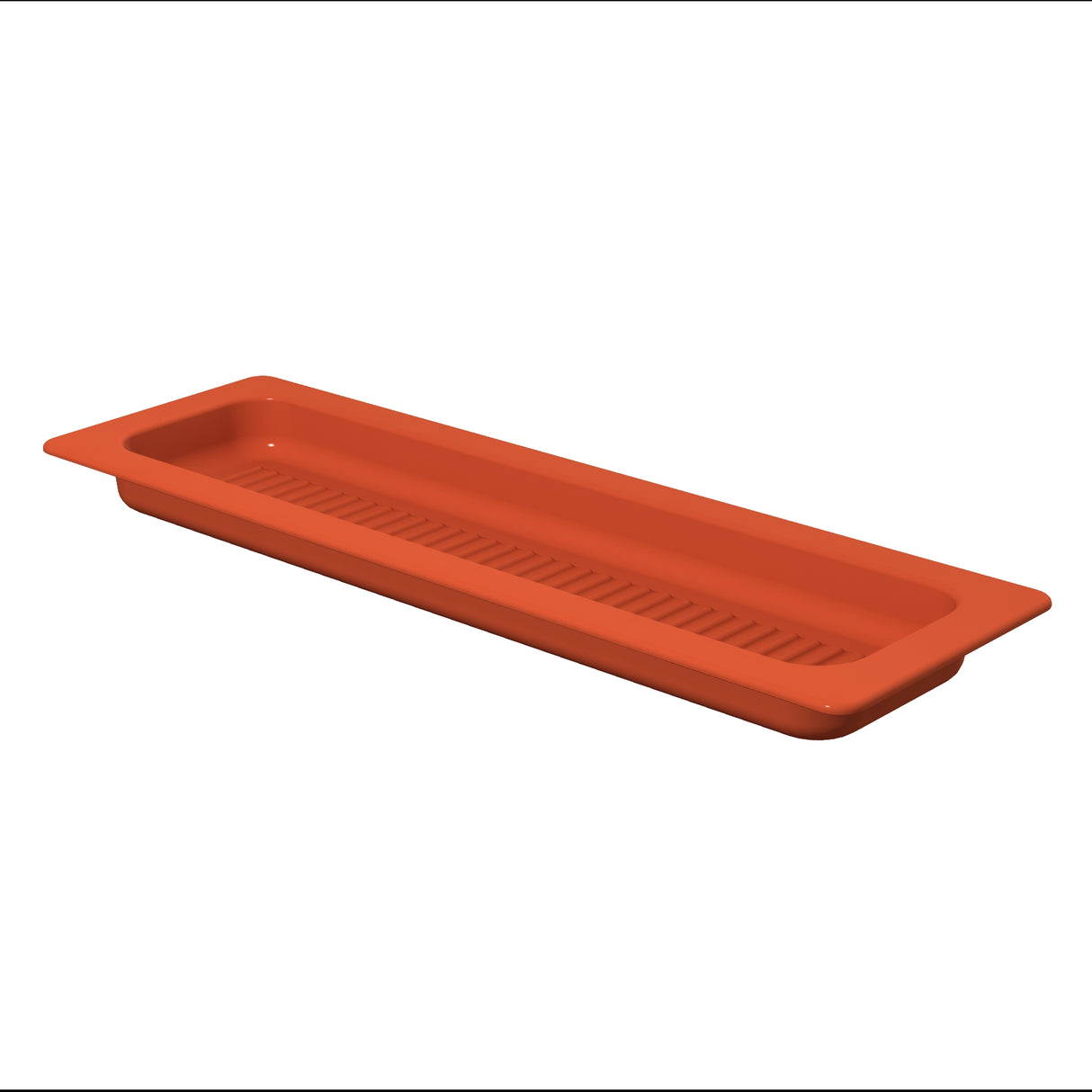 A rectangular, shallow, orange tray with a flared rim and slotted drainage grooves along the bottom. This dishwasher safe grill pan appears to be made of smooth plastic and is set against a plain white background.