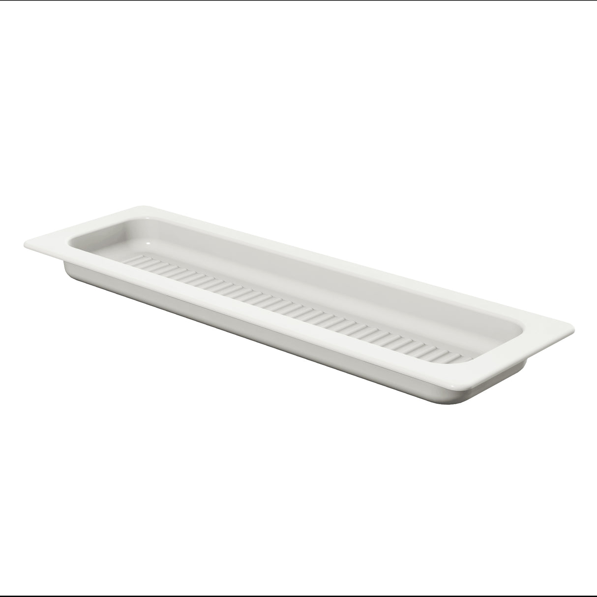 A rectangular, white, plastic tray with a slotted base for drainage. Designed to fit within a larger surface, it’s ideal for holding or draining items like utensils and is dishwasher safe for easy cleaning.