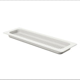 A rectangular, white, plastic tray with a slotted base for drainage. Designed to fit within a larger surface, it’s ideal for holding or draining items like utensils and is dishwasher safe for easy cleaning.