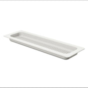 A rectangular, white, plastic tray with a slotted base for drainage. Designed to fit within a larger surface, it’s ideal for holding or draining items like utensils and is dishwasher safe for easy cleaning.