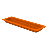 A rectangular, shallow orange plastic tray with rounded corners and ridged grooves on the bottom surface, inspired by the Aurora Collection Grill Pan. The tray is photographed against a plain white background.