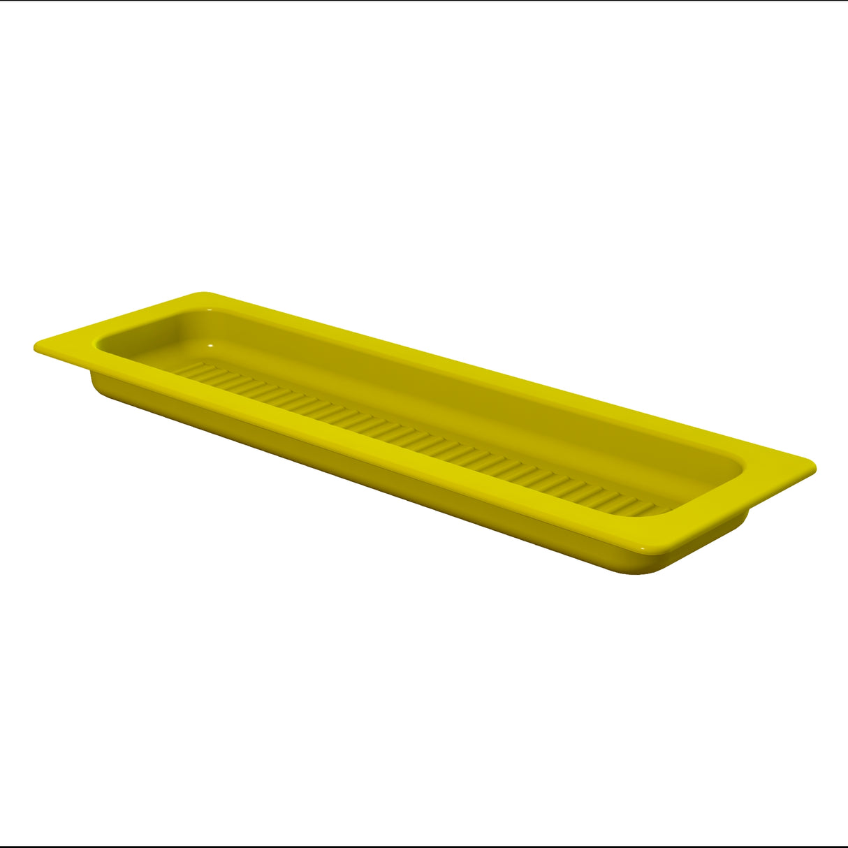 A rectangular, yellow plastic tray with raised sides and a slightly recessed base featuring evenly spaced ridges, shown isolated on a white background. This lightweight tray has smooth, rounded edges and is dishwasher safe for easy cleaning.