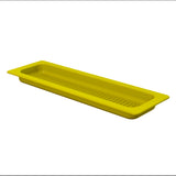 A rectangular, yellow plastic tray with raised sides and a slightly recessed base featuring evenly spaced ridges, shown isolated on a white background. This lightweight tray has smooth, rounded edges and is dishwasher safe for easy cleaning.