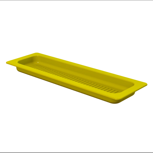 A rectangular, yellow plastic tray with raised sides and a slightly recessed base featuring evenly spaced ridges, shown isolated on a white background. This lightweight tray has smooth, rounded edges and is dishwasher safe for easy cleaning.