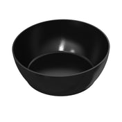A plain, empty black cast aluminum bowl with a shiny, smooth surface is centered against a white background. The bowl features a simple, modern design with gently curved sides and is ideal for cold holding.