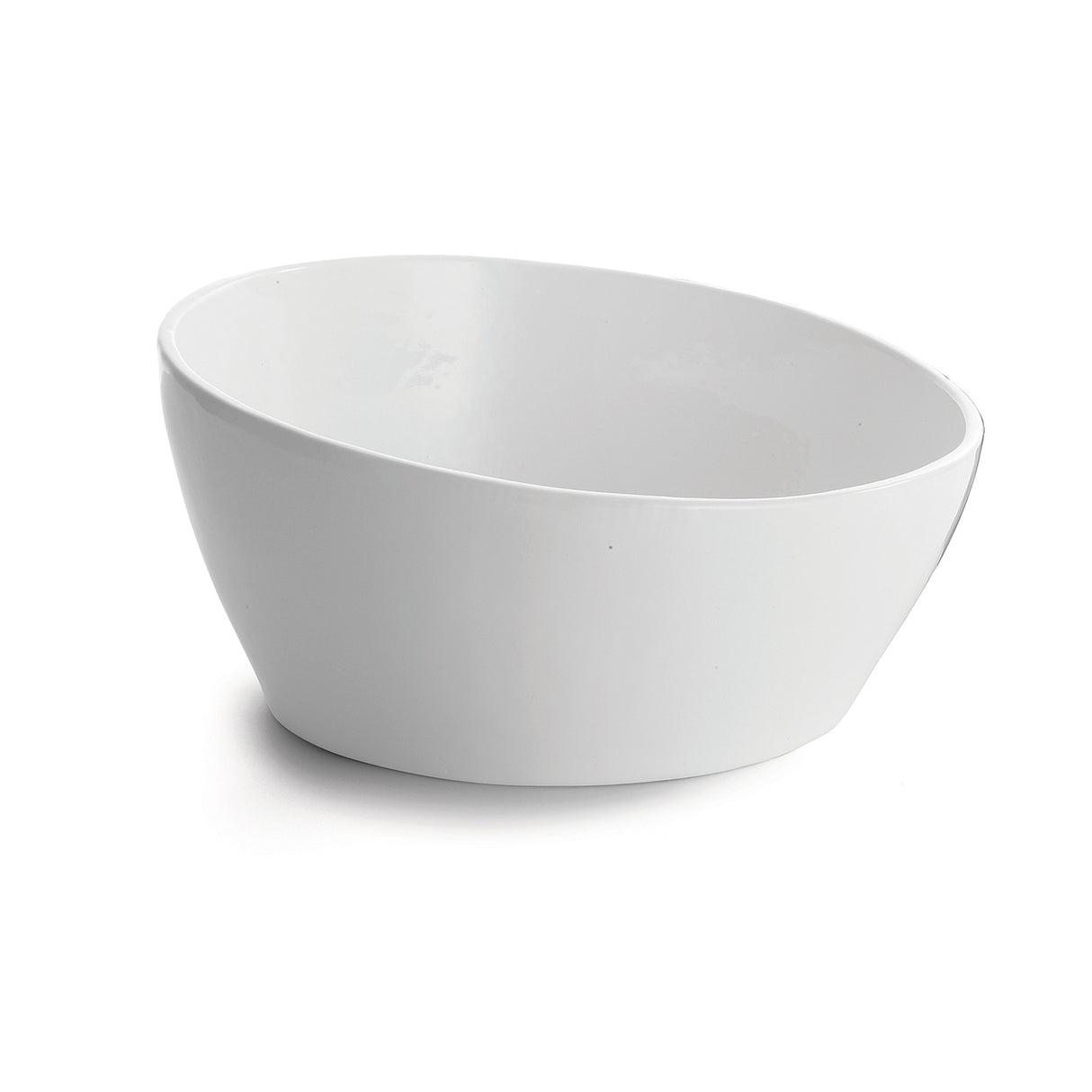 A plain, oval-shaped bowl is shown on a white background. Crafted for cold holding, this white ceramic piece features smooth, slightly curved sides and a glossy finish. Its simple and modern design remains free from patterns or decorations.