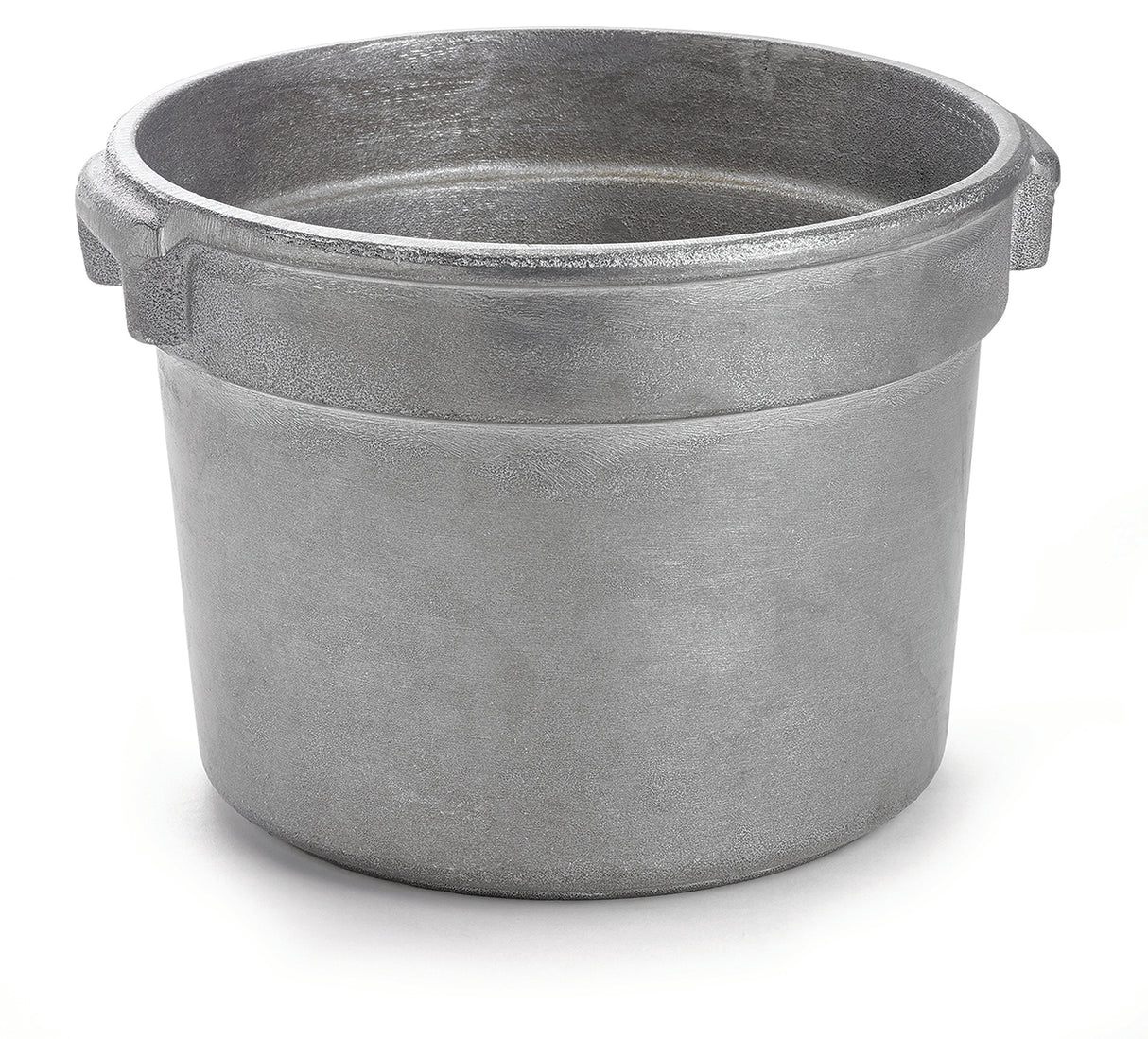 A large, round, metallic pot crafted from cast aluminum with thick walls and a flat bottom. Two small rectangular handles sit near the rim. This NSF Bain Marie Soup Bowl is silver-gray in color and rests on a plain white background.
