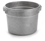 A large, round, metallic pot crafted from cast aluminum with thick walls and a flat bottom. Two small rectangular handles sit near the rim. This NSF Bain Marie Soup Bowl is silver-gray in color and rests on a plain white background.