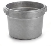 A large, round, metallic pot crafted from cast aluminum with thick walls and a flat bottom. Two small rectangular handles sit near the rim. This NSF Bain Marie Soup Bowl is silver-gray in color and rests on a plain white background.