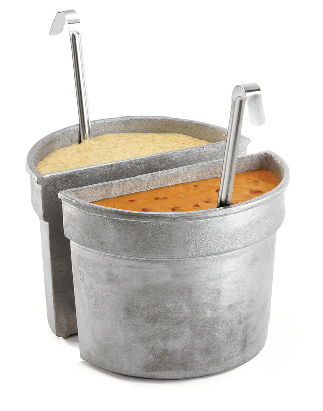 A divided cast aluminum Bain Marie Soup Bowl contains two soups, each with a ladle. The left soup is creamy and light yellow; the right is orange with chunks. Both are filled to the rim, ideal for cold holding, and set against a white background.
