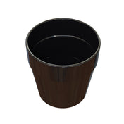 A black, glossy, cylindrical condiment crock viewed from above against a white background. The cup appears empty and its reflective surface highlights its smooth texture, with slight reflections along the rim and sides.