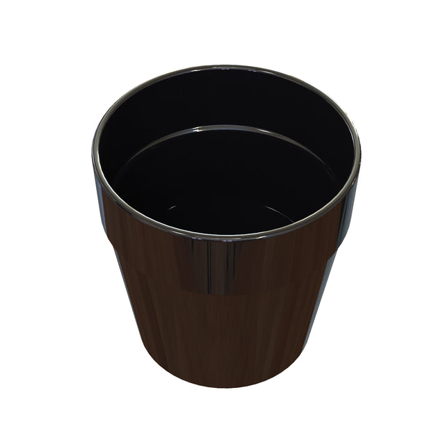 A black, glossy, cylindrical condiment crock viewed from above against a white background. The cup appears empty and its reflective surface highlights its smooth texture, with slight reflections along the rim and sides.