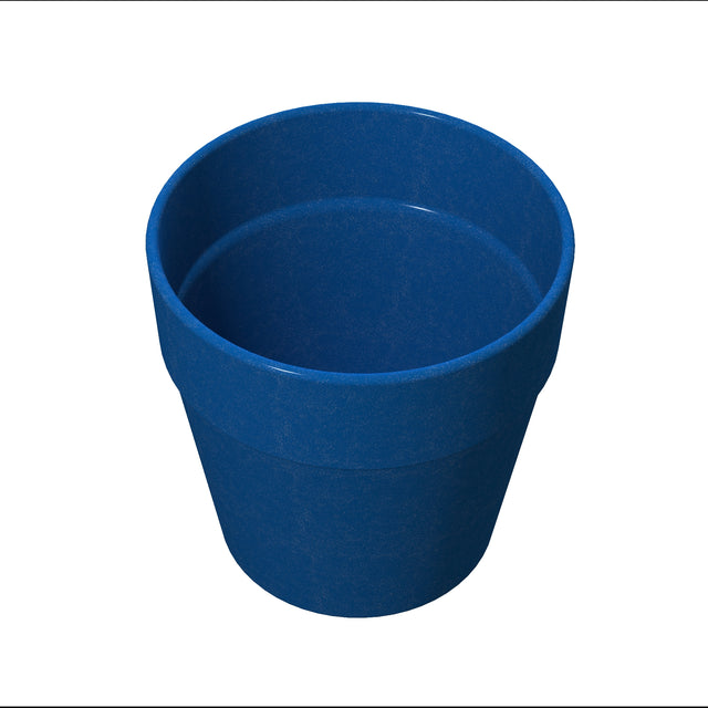 A plain, solid blue plastic cup is shown against a white background. The cylindrical cup, resembling a cold holding condiment crock, has slightly tapered sides and appears empty and clean, viewed from an angled top-down perspective.
