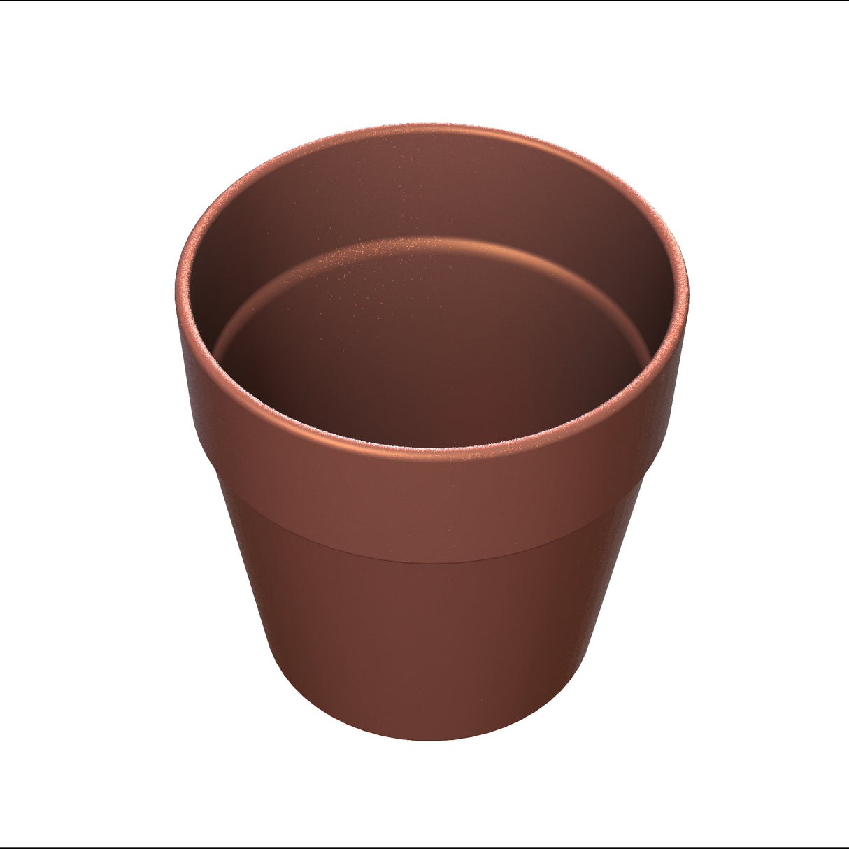 A plain, round, brown plastic flower pot with a subtle copper finish is shown against a white background. The pot is empty and viewed from above at a slight angle, revealing its smooth interior and tapered sides.