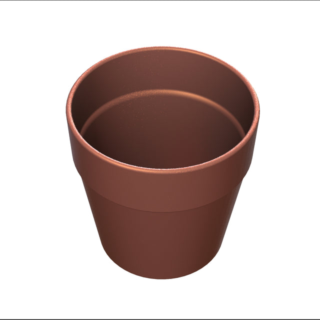 A plain, round, brown plastic flower pot with a subtle copper finish is shown against a white background. The pot is empty and viewed from above at a slight angle, revealing its smooth interior and tapered sides.