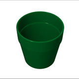 A green plastic flower pot with a wide rim and smooth, slightly tapered body. The pot is empty, dishwasher safe, and photographed against a plain white background, viewed from above at a slight angle.