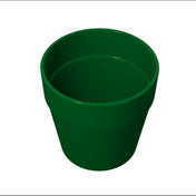 A green plastic flower pot with a wide rim and smooth, slightly tapered body. The pot is empty, dishwasher safe, and photographed against a plain white background, viewed from above at a slight angle.