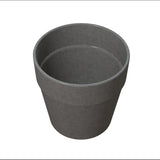 A simple, empty, dark gray cylindrical flower pot made of smooth cast aluminum. The pot has a slightly wider rim at the top and a narrower base, with no visible decorations or markings, set against a plain white background.