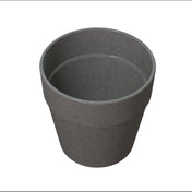 A simple, empty, dark gray cylindrical flower pot made of smooth cast aluminum. The pot has a slightly wider rim at the top and a narrower base, with no visible decorations or markings, set against a plain white background.