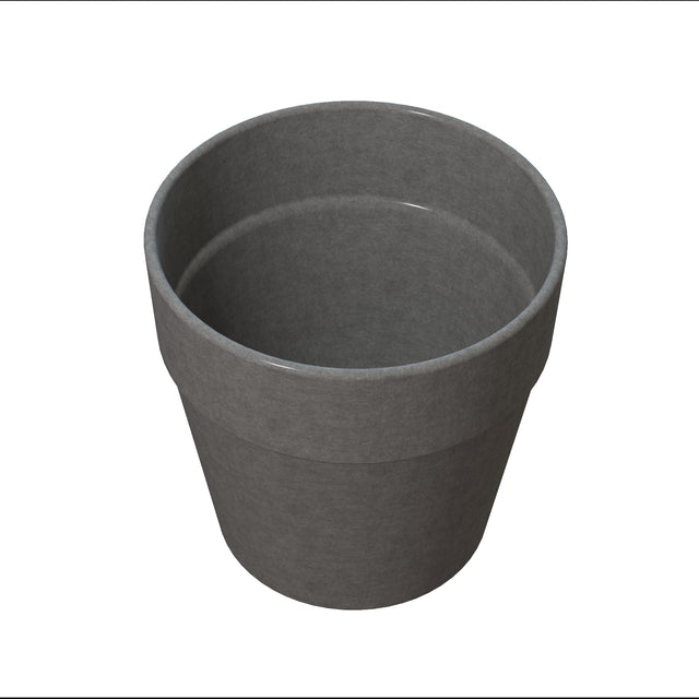 A simple, empty, dark gray cylindrical flower pot made of smooth cast aluminum. The pot has a slightly wider rim at the top and a narrower base, with no visible decorations or markings, set against a plain white background.