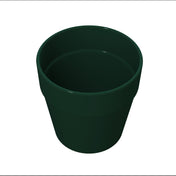 A dark green, empty flower pot with a wide rim, crafted from cast aluminum and viewed from above at an angle. The pot sits on a plain white background, and its smooth surface reflects light slightly.