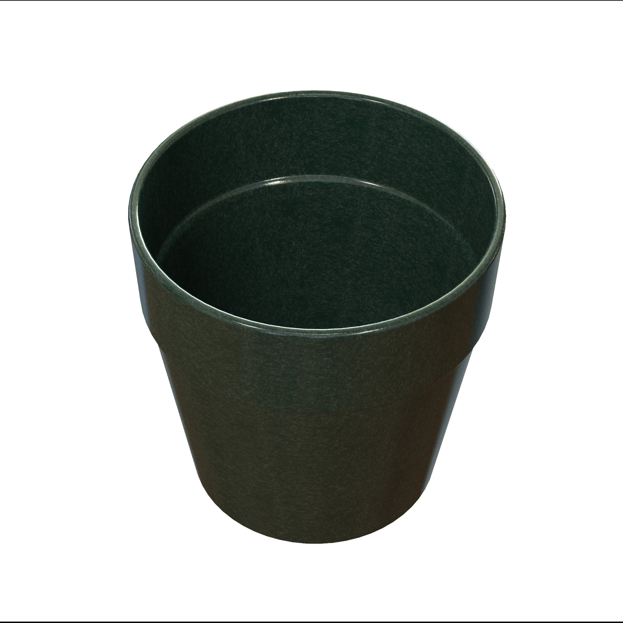 A dark green, empty plastic plant pot with a wide, round opening and slightly tapered sides, set against a plain white background. The pot has a smooth surface, resembling the sleek look of cast aluminum, with no visible decorations or markings.