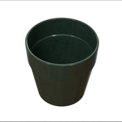 A dark green, empty plastic plant pot with a wide, round opening and slightly tapered sides, set against a plain white background. The pot has a smooth surface, resembling the sleek look of cast aluminum, with no visible decorations or markings.