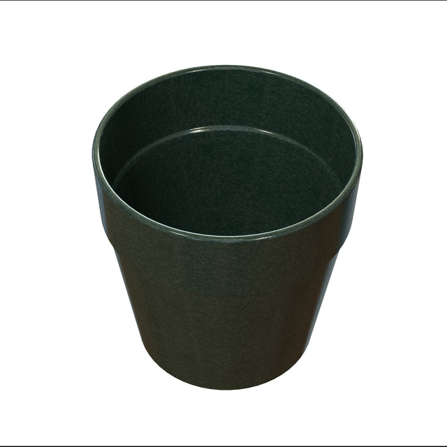 A dark green, empty plastic plant pot with a wide, round opening and slightly tapered sides, set against a plain white background. The pot has a smooth surface, resembling the sleek look of cast aluminum, with no visible decorations or markings.