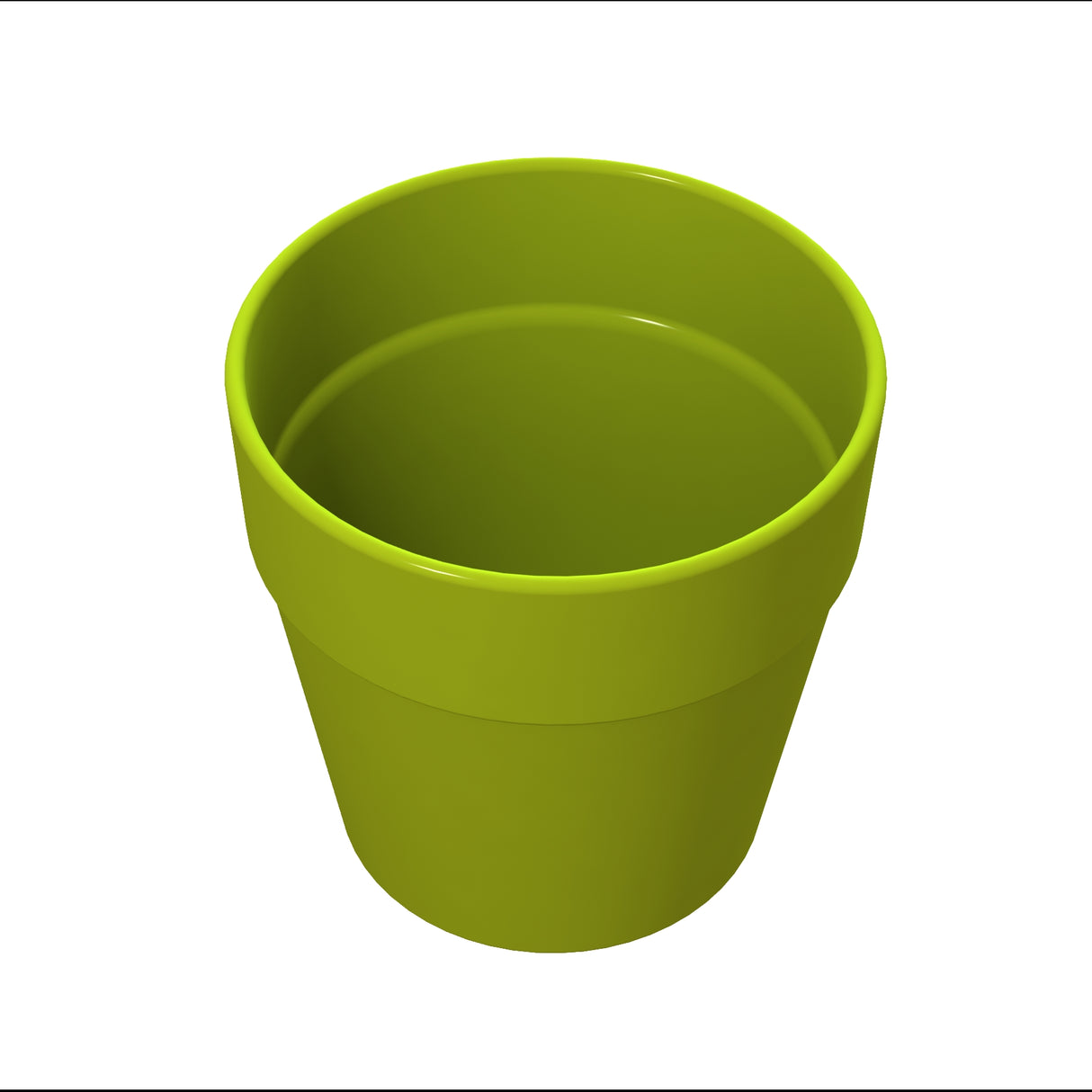 A bright green, empty condiment crock flower pot is shown from a slightly elevated angle on a plain white background. The pot has a simple, smooth, cylindrical design with a slightly wider rim at the top.