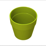A bright green, empty condiment crock flower pot is shown from a slightly elevated angle on a plain white background. The pot has a simple, smooth, cylindrical design with a slightly wider rim at the top.