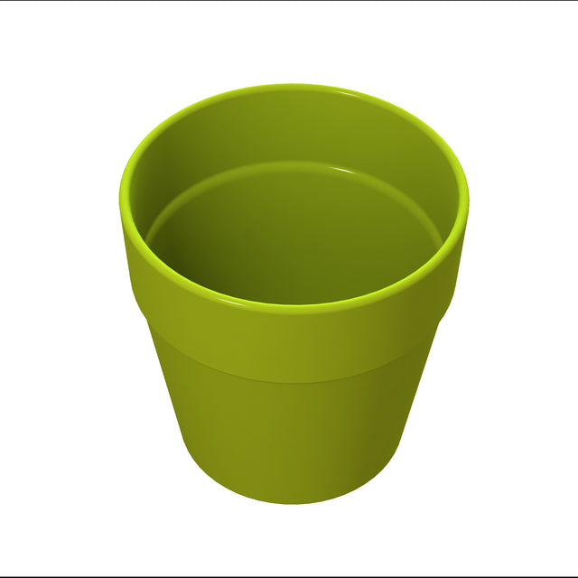 A bright green, empty condiment crock flower pot is shown from a slightly elevated angle on a plain white background. The pot has a simple, smooth, cylindrical design with a slightly wider rim at the top.