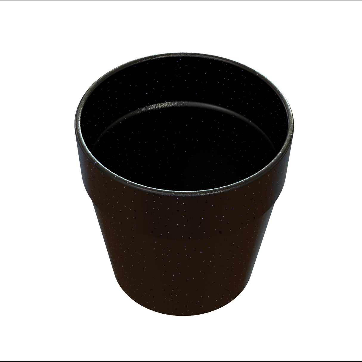 A black, empty, round plastic plant pot with a slightly flared rim is shown from an angled top-down view against a white background. The pot’s surface has small white speckles, giving it a textured appearance and is dishwasher safe for easy cleaning.