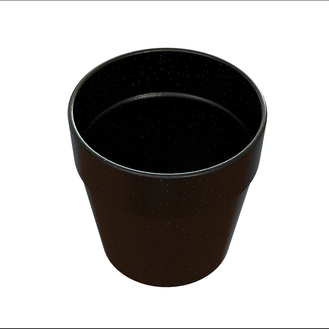 A black, empty, round plastic plant pot with a slightly flared rim is shown from an angled top-down view against a white background. The pot’s surface has small white speckles, giving it a textured appearance and is dishwasher safe for easy cleaning.
