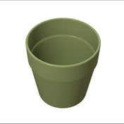A plain, empty, green flower pot made of smooth material, reminiscent of a condiment crock. Viewed from above at an angle, its circular rim and concave interior highlight the simple design against a white background.