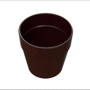 A dark brown, empty, cylindrical plastic flower pot with a wide rim and smooth surface is shown against a plain white background. The pot’s sleek look is reminiscent of a cast aluminum Condiment Crock, with no visible markings or decorations.