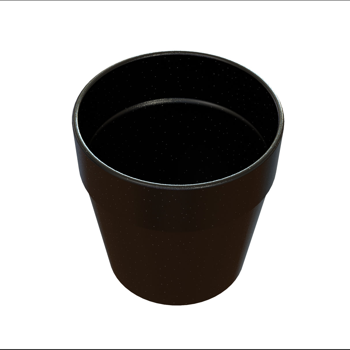 A black, empty, round plastic plant pot is shown from a slightly elevated angle against a white background. The pot has a flared rim and smooth surface, resembling a simple condiment crock with no visible labels or decorations.