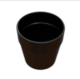 A black, empty, round plastic plant pot is shown from a slightly elevated angle against a white background. The pot has a flared rim and smooth surface, resembling a simple condiment crock with no visible labels or decorations.