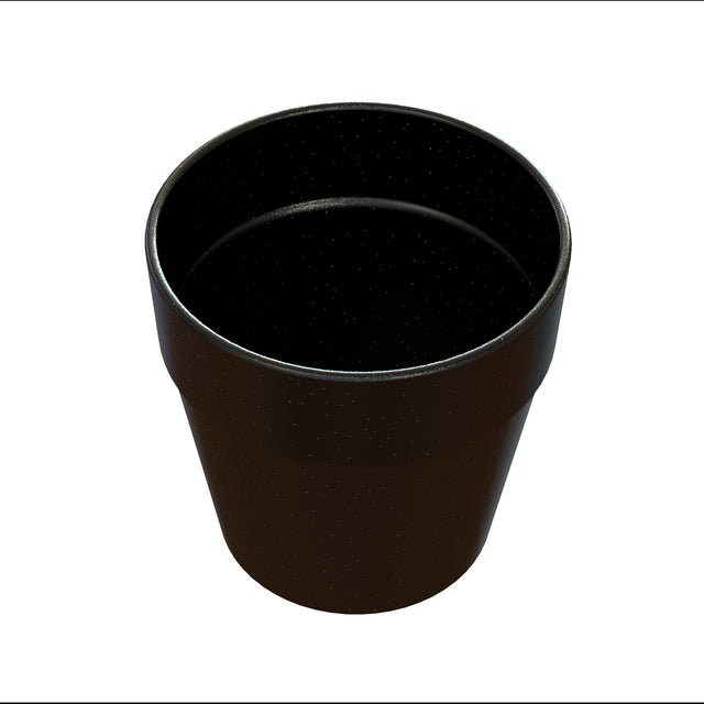 A black, empty, round plastic plant pot is shown from a slightly elevated angle against a white background. The pot has a flared rim and smooth surface, resembling a simple condiment crock with no visible labels or decorations.