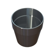 A shiny, metallic, empty flower pot made of cast aluminum with a smooth surface is shown against a white background. The pot has a wide, round opening at the top and tapers slightly towards the base, with light reflections visible on its surface.