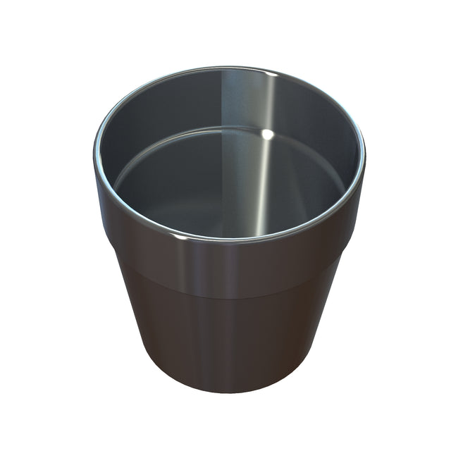 A shiny, metallic, empty flower pot made of cast aluminum with a smooth surface is shown against a white background. The pot has a wide, round opening at the top and tapers slightly towards the base, with light reflections visible on its surface.