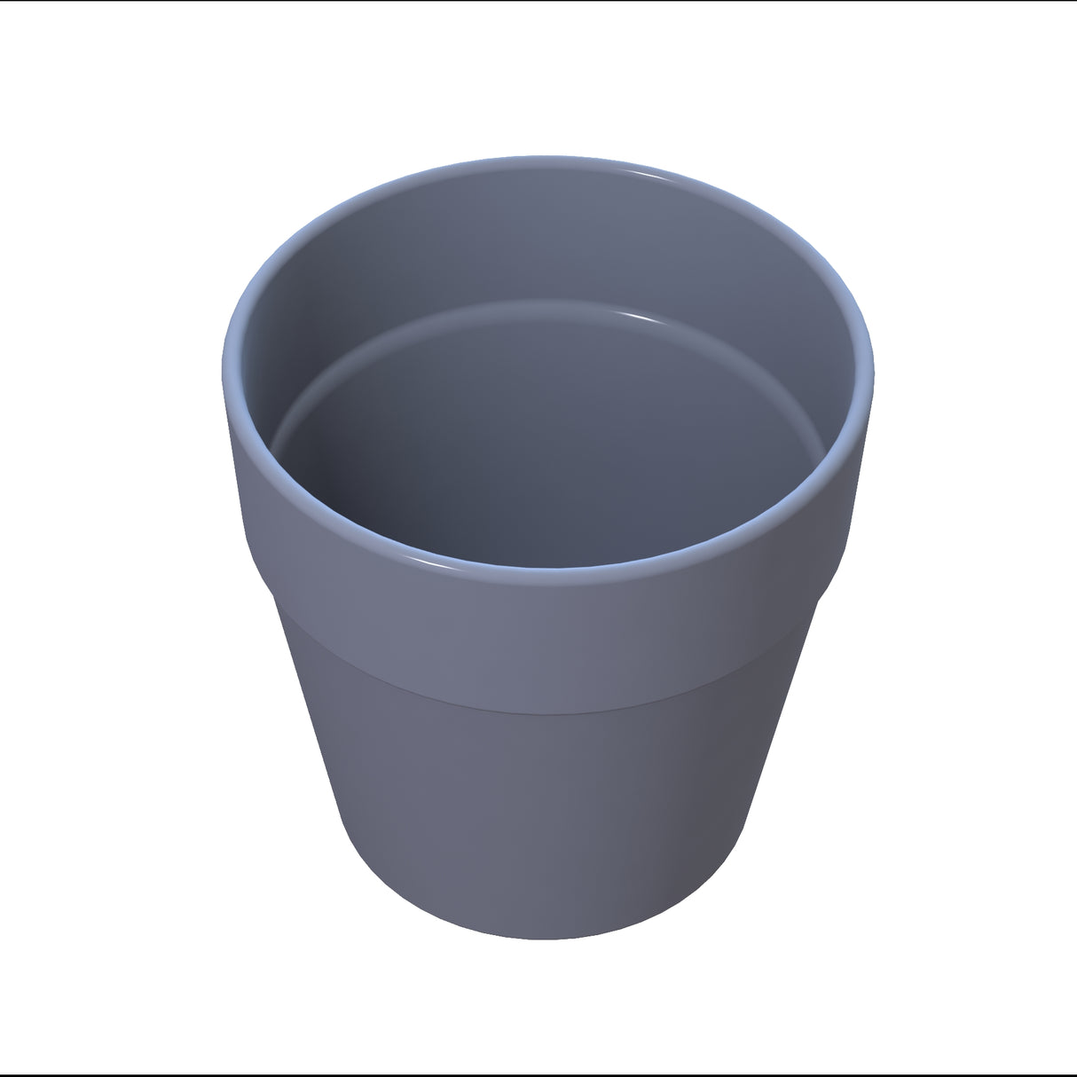 A simple, empty, gray flower pot made of plastic is shown against a white background. Reminiscent of a condiment crock in shape, the pot has a slightly flared rim and smooth, unadorned sides, viewed from a high angle.