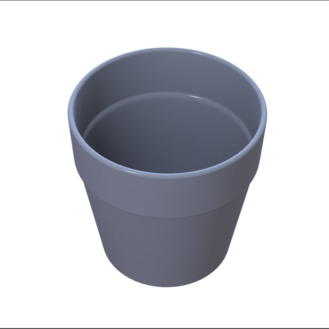 A simple, empty, gray flower pot made of plastic is shown against a white background. Reminiscent of a condiment crock in shape, the pot has a slightly flared rim and smooth, unadorned sides, viewed from a high angle.