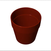 A simple, empty, reddish-brown flower pot made of clay or plastic is shown against a plain white background, much like a condiment crock, viewed from a slightly elevated angle, clearly displaying its wide opening and smooth surface.