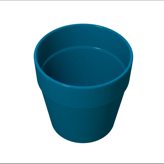 A plain, empty blue flower pot is shown against a white background. The surface is smooth and glossy, similar to a cast aluminum condiment crock, with a wide, rounded rim and no visible decorations or textures.