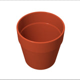 A simple, empty, reddish-brown terracotta Condiment Crock flower pot is shown from a high angle on a white background. The pot has a wide rim, smooth surface, and tapers toward the base. There are no plants, decorations, or visible soil inside.
