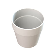 A plain, empty white ceramic flower pot with a wide rim and smooth surface, shown from a slightly elevated angle—its minimalist look resembles that of a classic condiment crock on a white background.