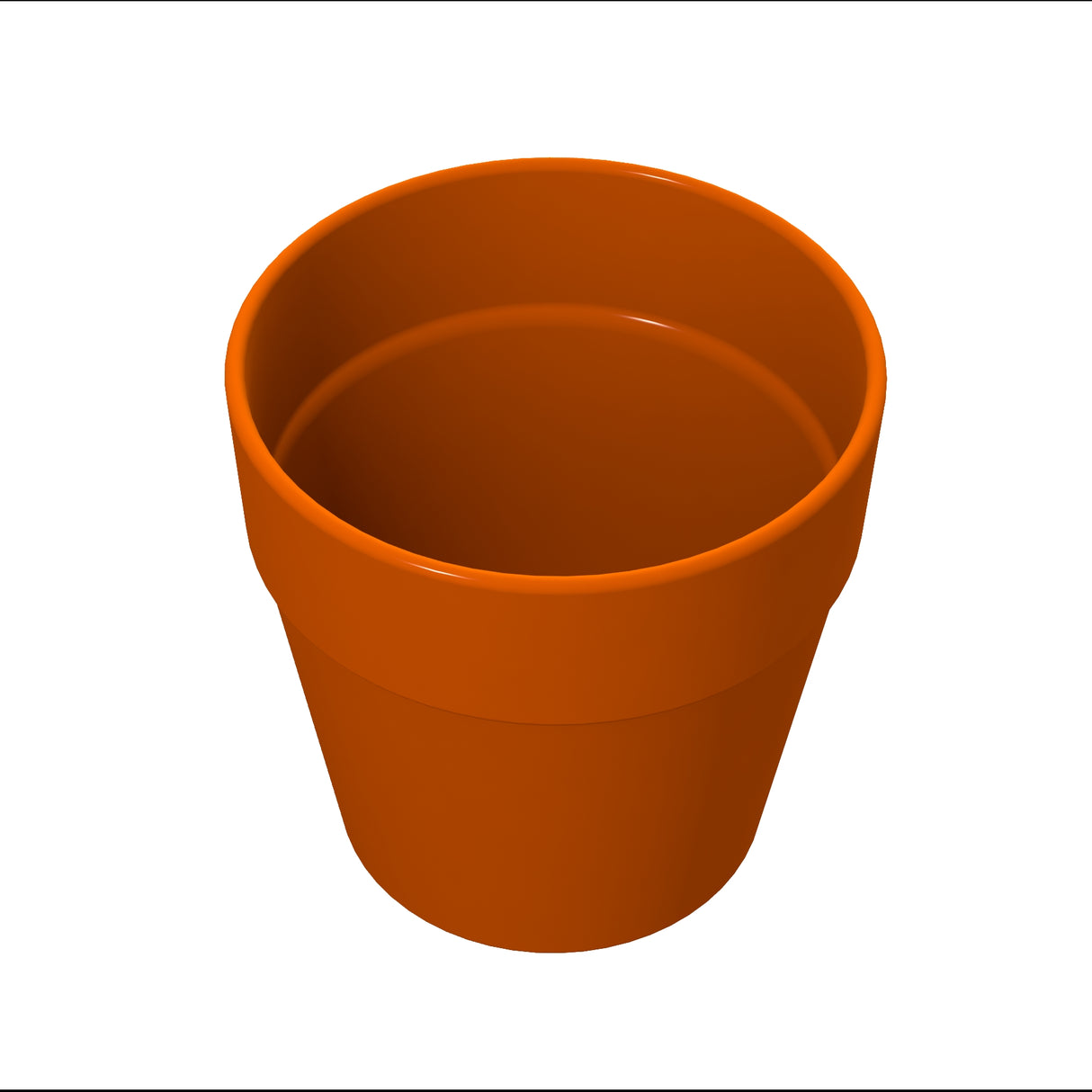 A plain, empty orange terracotta flower pot is shown from above on a white background. The pot has a wide, rounded rim and a smooth surface with no visible decorations, resembling a classic condiment crock in its simplicity.