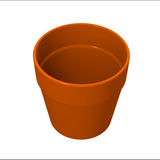 A plain, empty orange terracotta flower pot is shown from above on a white background. The pot has a wide, rounded rim and a smooth surface with no visible decorations, resembling a classic condiment crock in its simplicity.