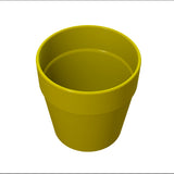 A plain, empty yellow flower pot with a wide rim and smooth surface is shown against a white background. Reminiscent of a cast aluminum condiment crock, the pot tapers gently toward the base and is viewed from an elevated angle to reveal the interior.